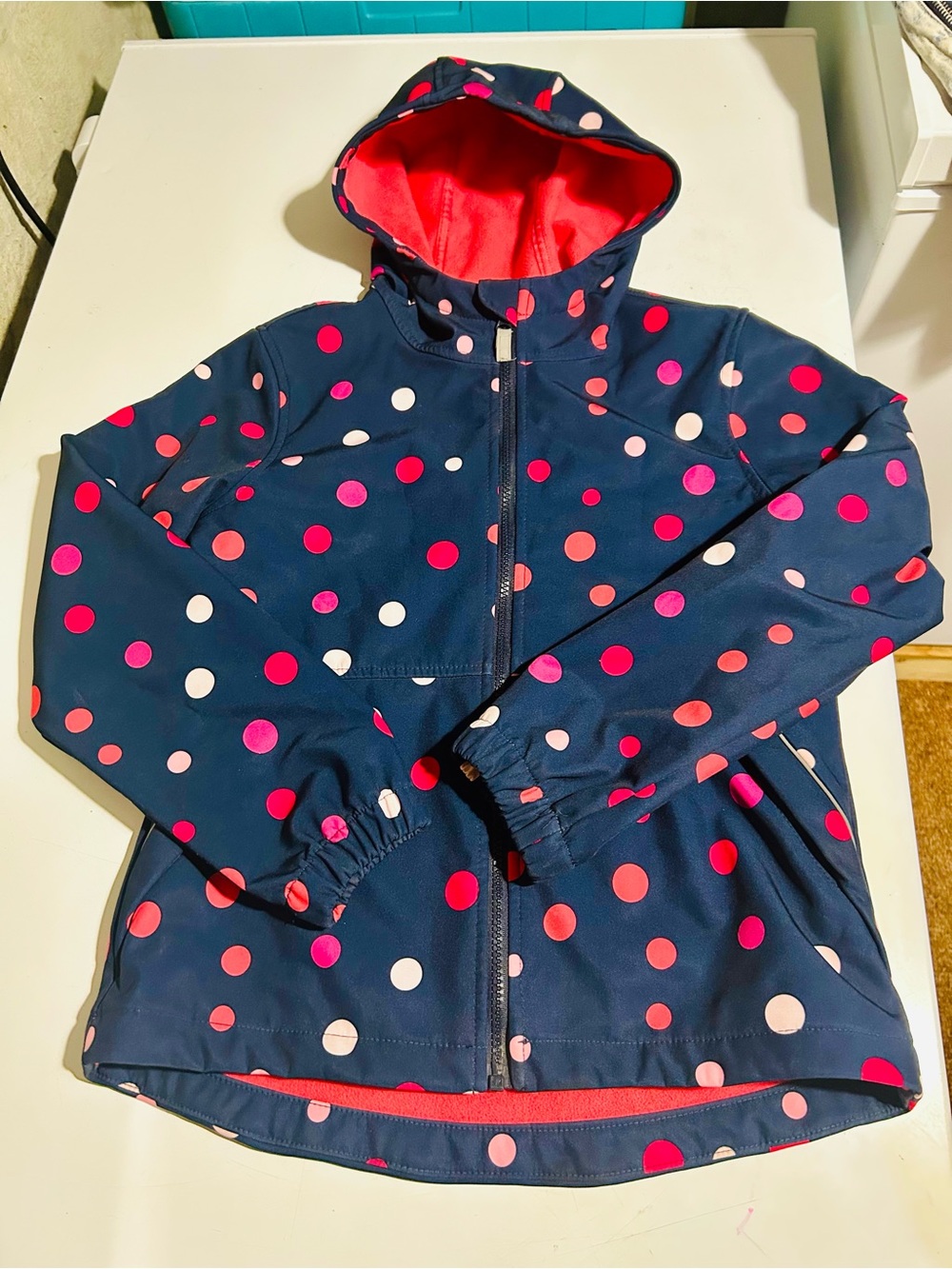 (3/$10) Kids size 10 Navy Polka Dot Hooded Jacket - Pink & White Dots